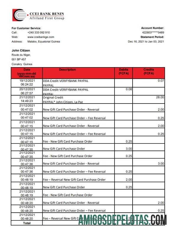em branco Guiné Equatorial CCEI Bank Benin Extrato bancário modelo fácil de preencher em formato de arquivo .xls e .pdf